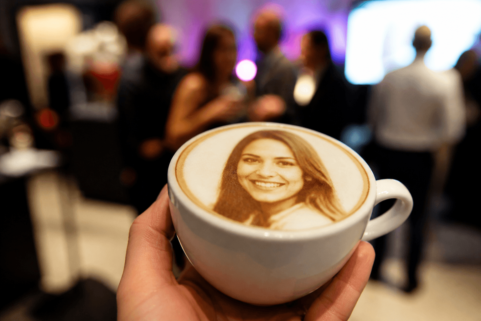 Example drink print: guest selfie on latte foam