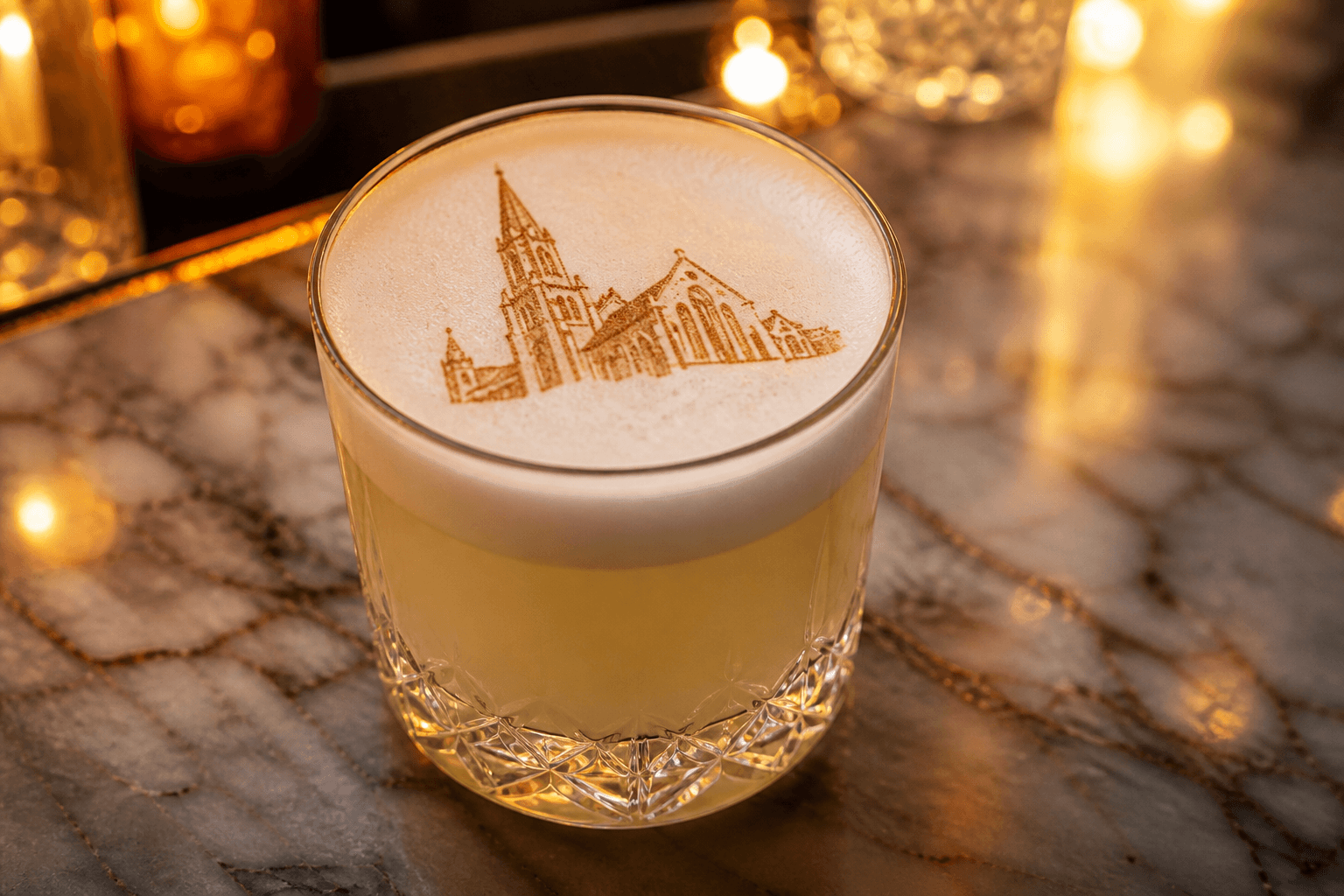 Example drink print: venue silhouette on cocktail foam